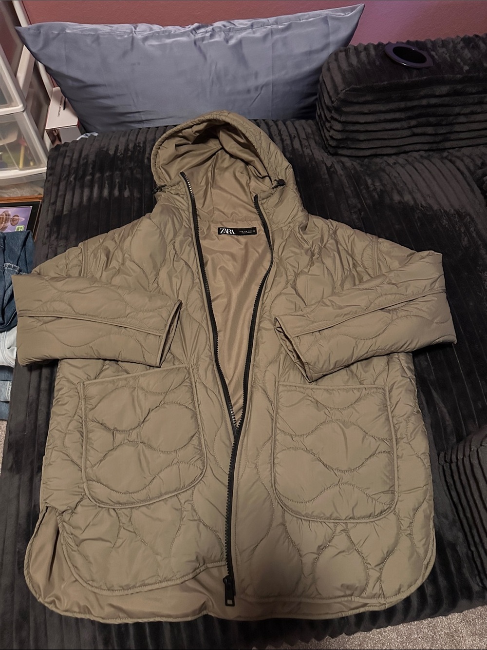 Zara Olive Quilted Hooded Puffer Jacket